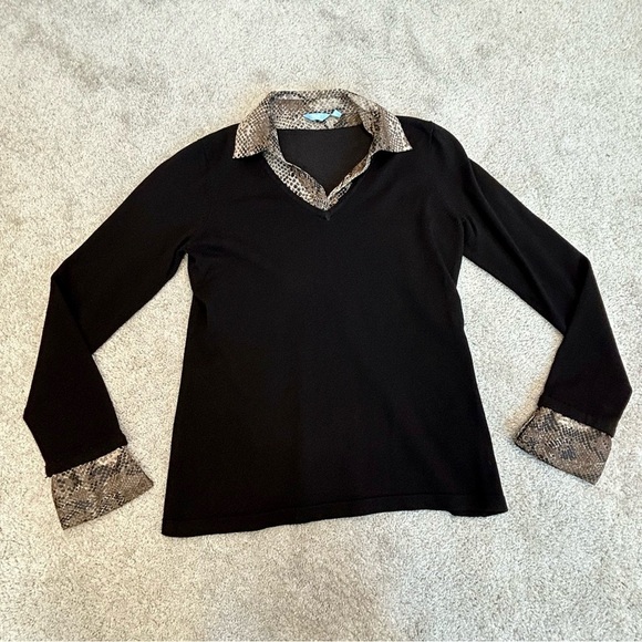 DENVER Hayes Dark chocolate brown knit sweater snake print collar/cuff Sz L - Picture 5 of 13
